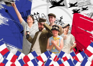Les salariés du CAC sud 22 sont devant un fond de drapeau français en costumes des années 1945 et fêtent la fin de la guerre